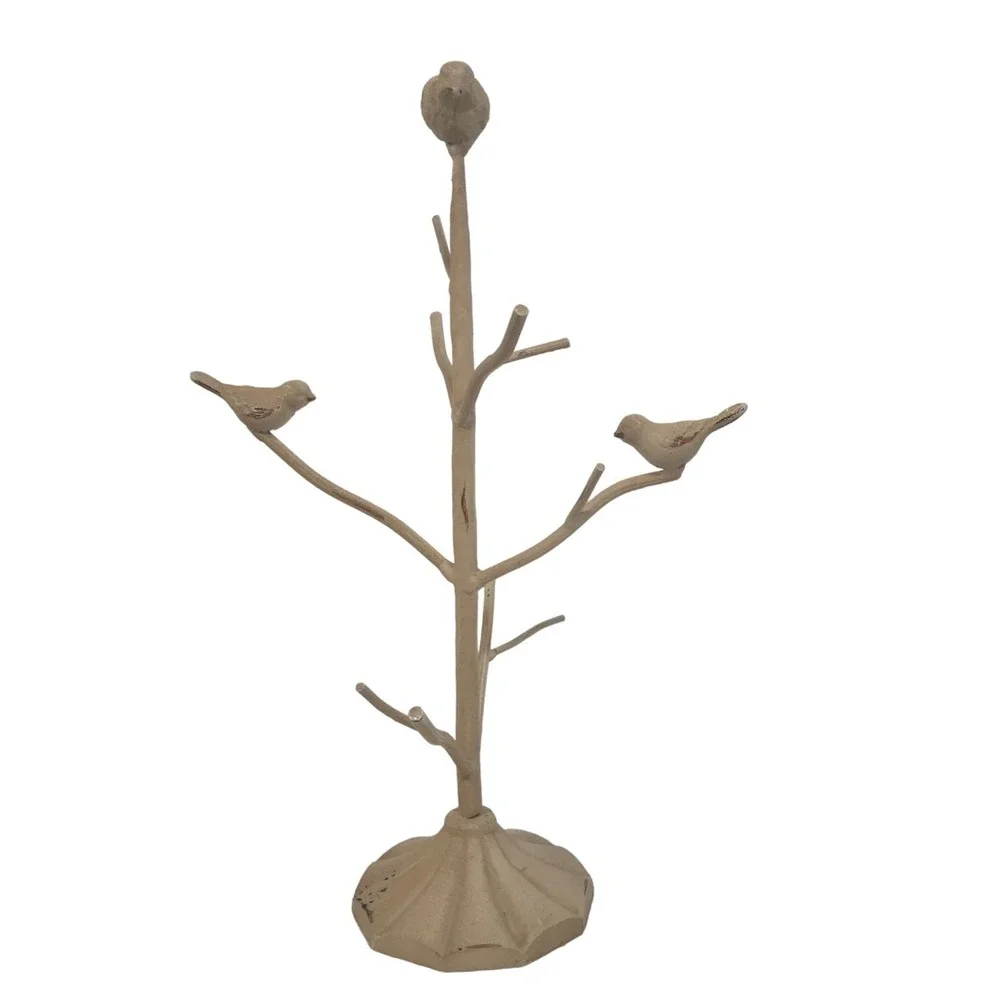 Vintage Metal Bird Jewelry Tree Stand Distressed Cream Farmhouse Decor 12.5in